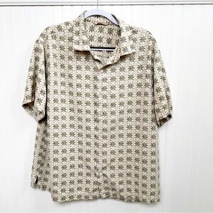 Paradise Collection Cream & Olive Green Print 100% Silk Short Sleeve Button Up